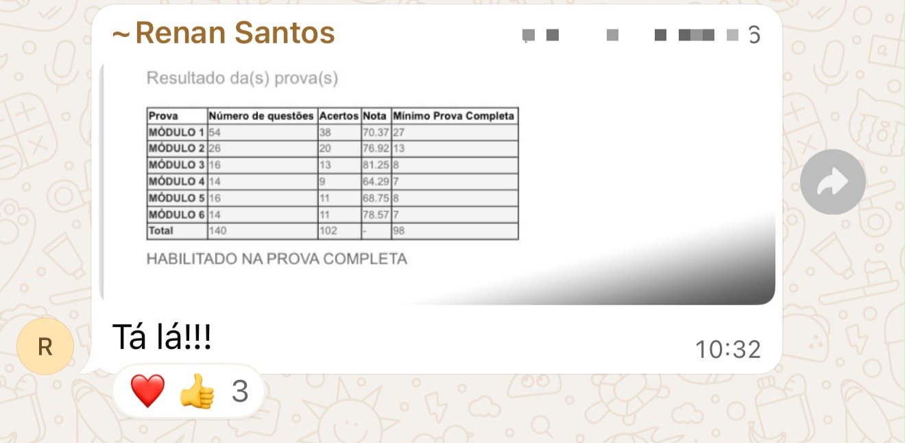 Depoimento de aluno aprovado no Exame CFP — print de WhatsApp