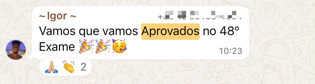 Depoimento de aluno aprovado no Exame CFP — print de WhatsApp