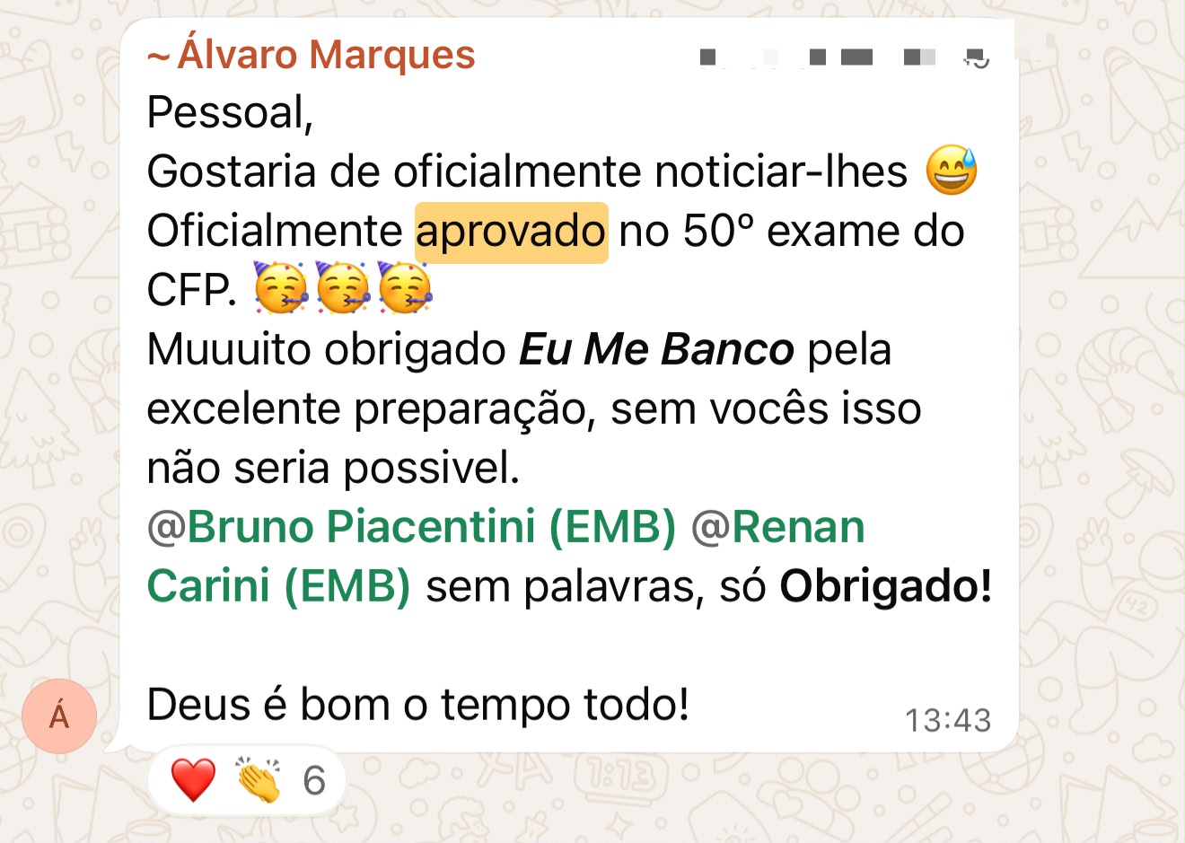 Depoimento de aluno aprovado no Exame CFP — print de WhatsApp
