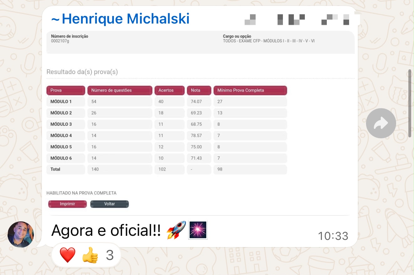 Depoimento de aluno aprovado no Exame CFP — print de WhatsApp