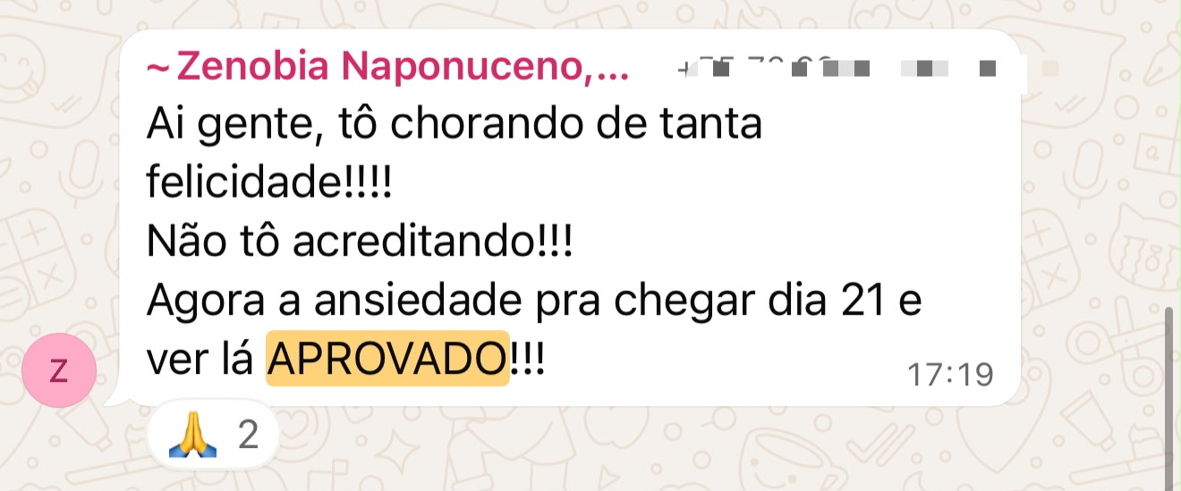 Depoimento de aluno aprovado no Exame CFP — print de WhatsApp