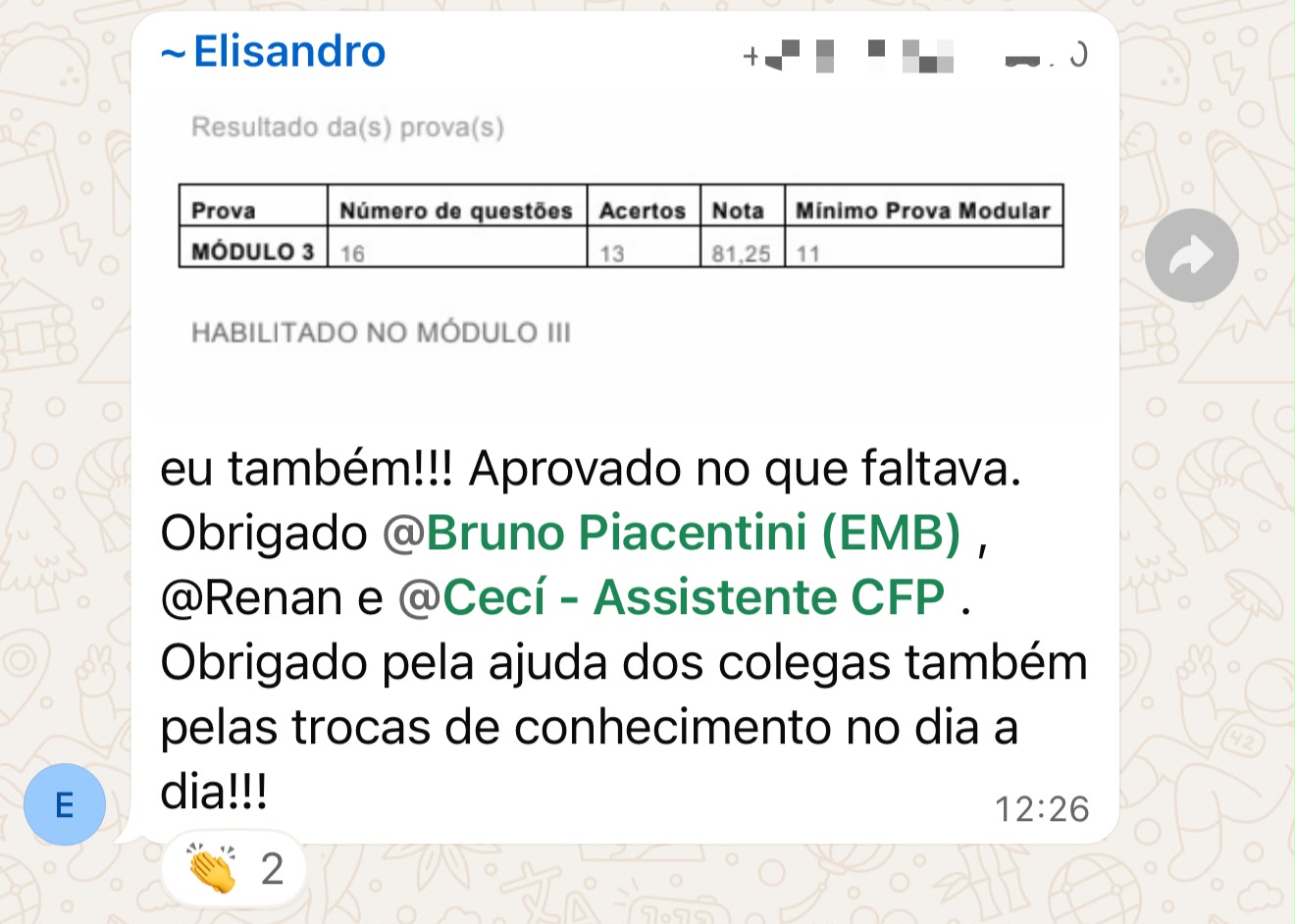 Depoimento de aluno aprovado no Exame CFP — print de WhatsApp