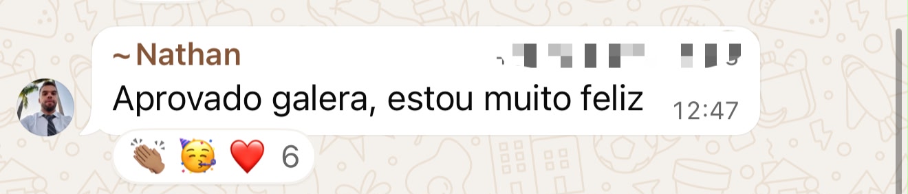 Depoimento de aluno aprovado no Exame CFP — print de WhatsApp